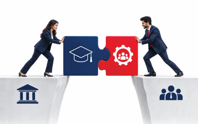 Bridging the Skills Gap: A Collaborative Approach for Academies — two professionals connecting education and industry puzzle pieces across a divide