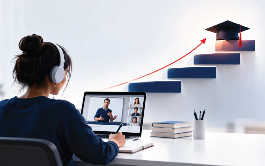 Learner wearing headphones and taking notes while watching an online lesson on a laptop, with a red arrow rising up a staircase toward a graduation cap.
