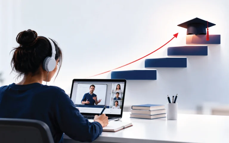 Learner wearing headphones and taking notes while watching an online lesson on a laptop, with a red arrow rising up a staircase toward a graduation cap.