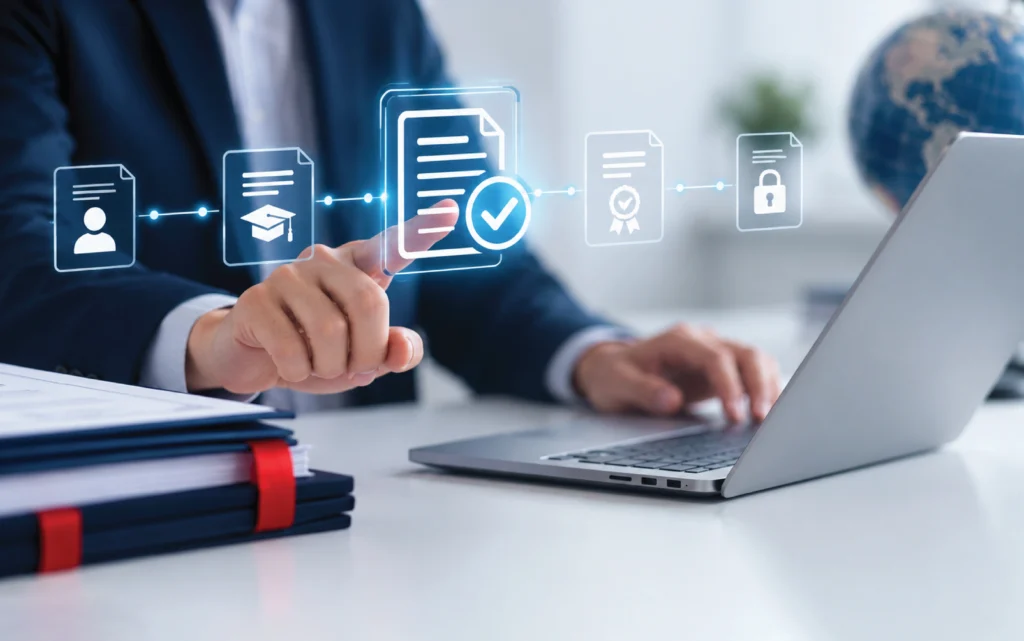 Professional touching a glowing digital verification chain linking learner profile, graduation, verified document, certificate and security lock icons, beside a laptop and stacked audit files