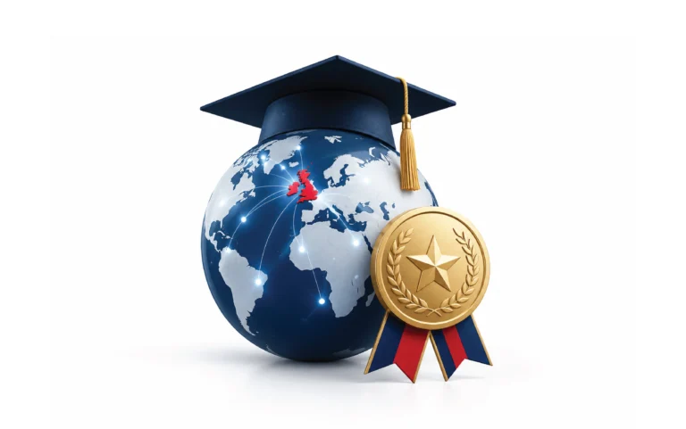 A blue globe wearing a graduation cap, with the United Kingdom highlighted in red and glowing lines linking it to other countries, beside a gold star medal with a red and navy ribbon.